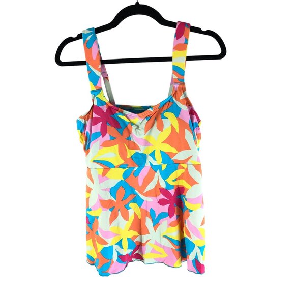 Lands End Womens Flutter Tankini Top Floral Pink Blue Orange Colorful L - Picture 1 of 2